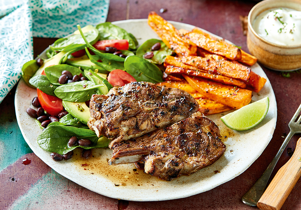lamb cuban spice-rubbed with roasted sweet potatoes and black bean salad