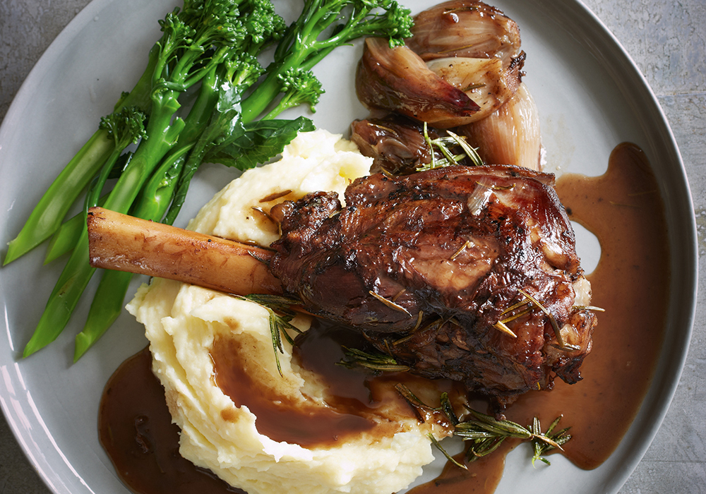 Red wine, balsamic and rosemary braised lamb shanks