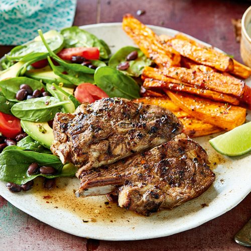 lamb cuban spice-rubbed with roasted sweet potatoes and black bean salad